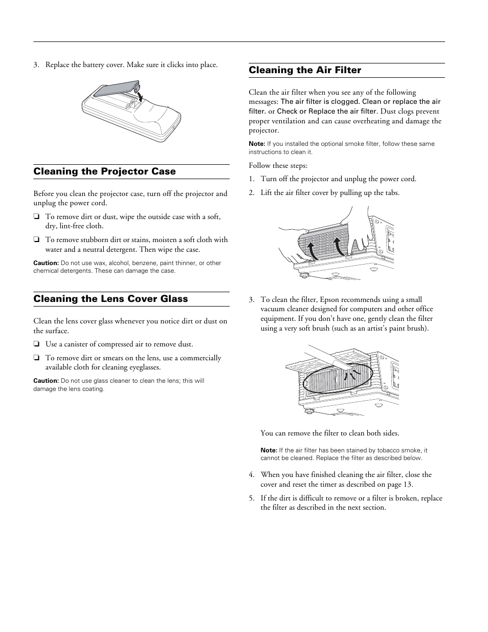 Cleaning the projector case, Cleaning the lens cover glass, Cleaning the air filter | Epson 6110I User Manual | Page 12 / 16