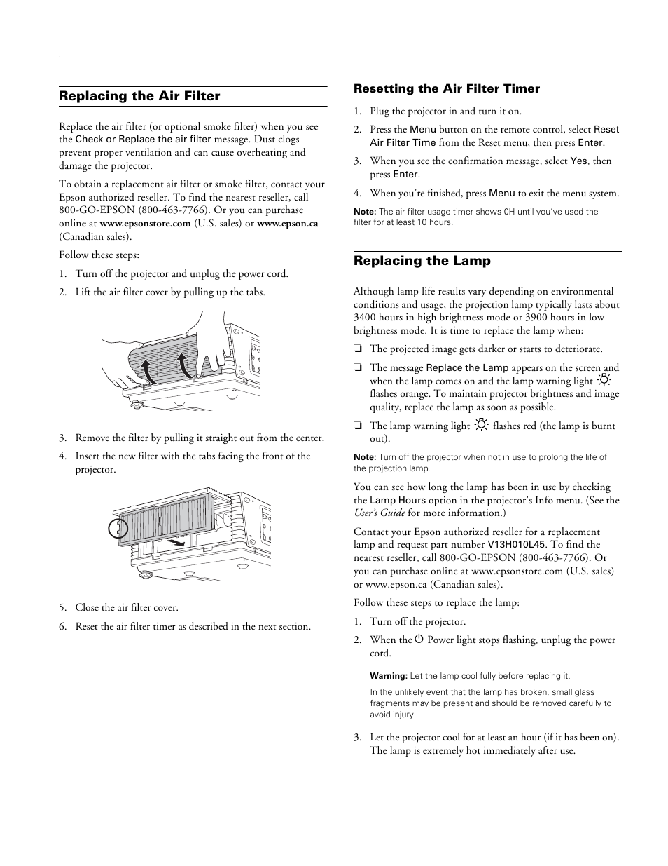 Replacing the air filter, Resetting the air filter timer, Replacing the lamp | Epson 6110I User Manual | Page 13 / 16