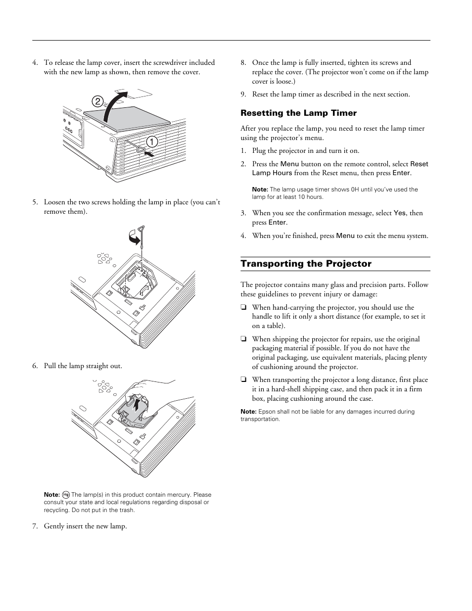 Resetting the lamp timer, Transporting the projector | Epson 6110I User Manual | Page 14 / 16