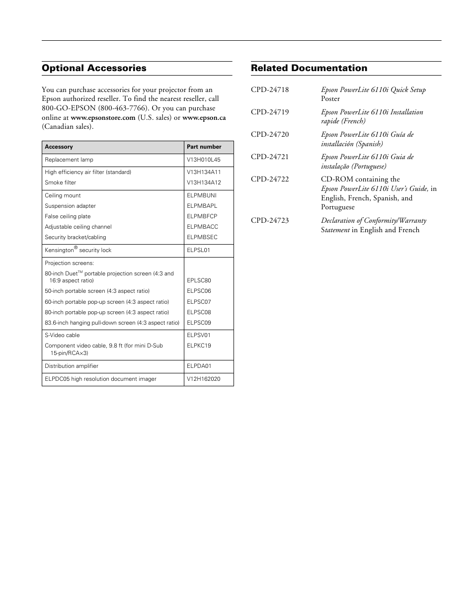 Optional accessories, Related documentation, Epson powerlite 6110i | Epson 6110I User Manual | Page 15 / 16