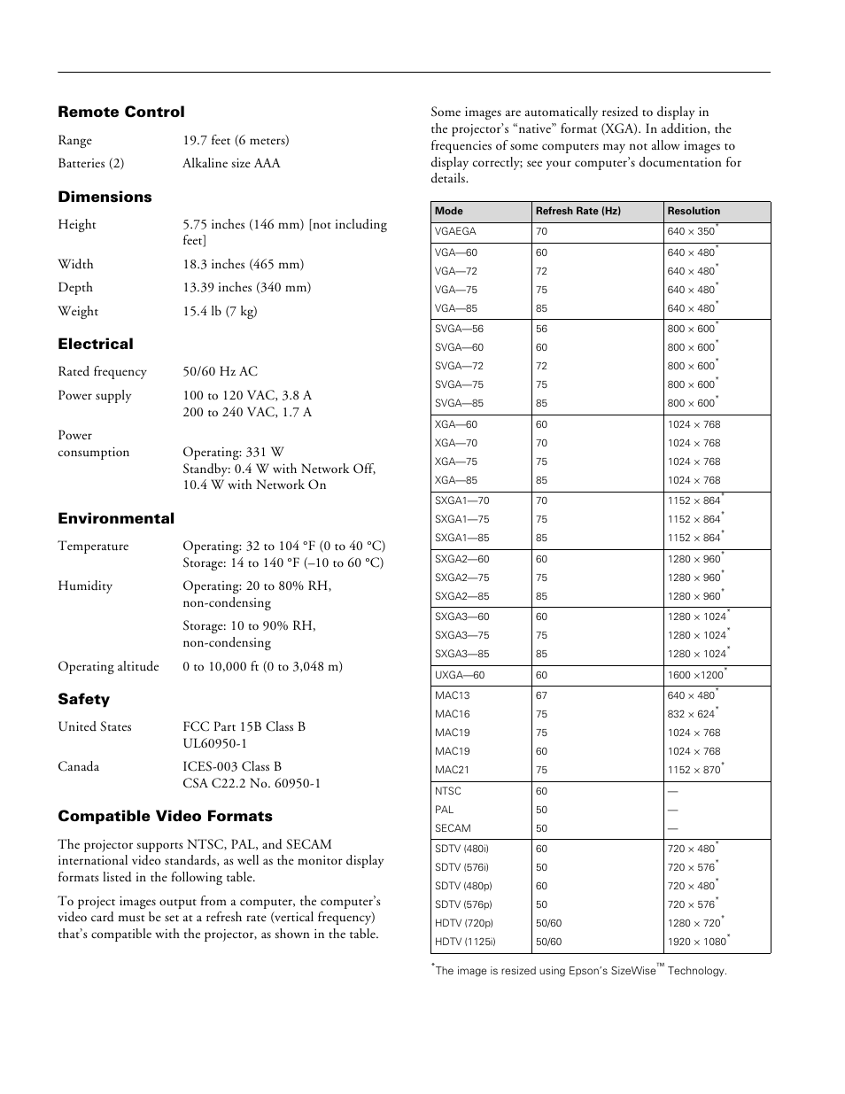 Remote control, Dimensions, Electrical | Environmental, Safety, Compatible video formats, Epson powerlite 6110i | Epson 6110I User Manual | Page 2 / 16
