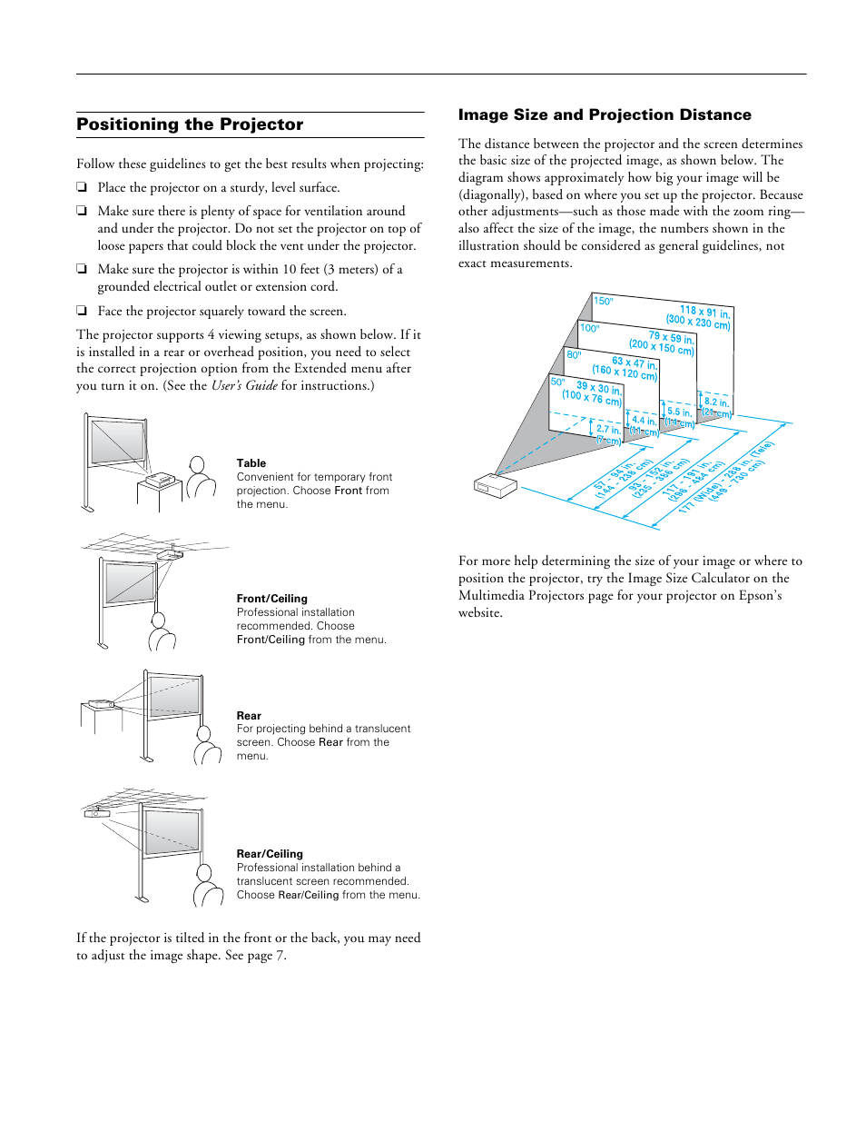 Positioning the projector, Image size and projection distance, Epson powerlite 6110i | Epson 6110I User Manual | Page 3 / 16
