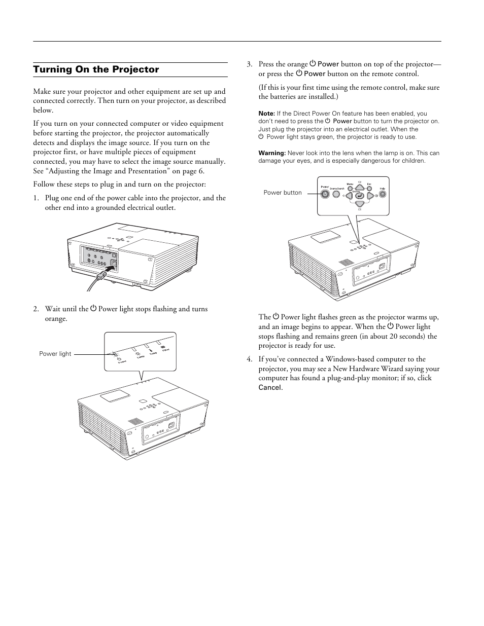 Turning on the projector, Epson powerlite 6110i | Epson 6110I User Manual | Page 4 / 16