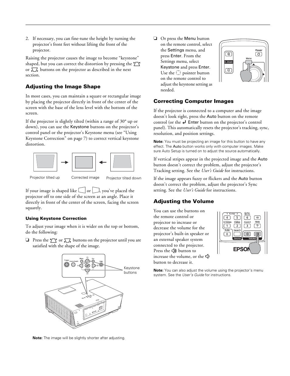 Adjusting the image shape, Correcting computer images, Adjusting the volume | Epson 6110I User Manual | Page 7 / 16