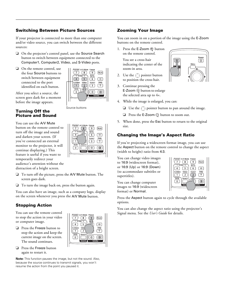 Switching between picture sources, Turning off the picture and sound, Stopping action | Zooming your image, Changing the image’s aspect ratio | Epson 6110I User Manual | Page 8 / 16