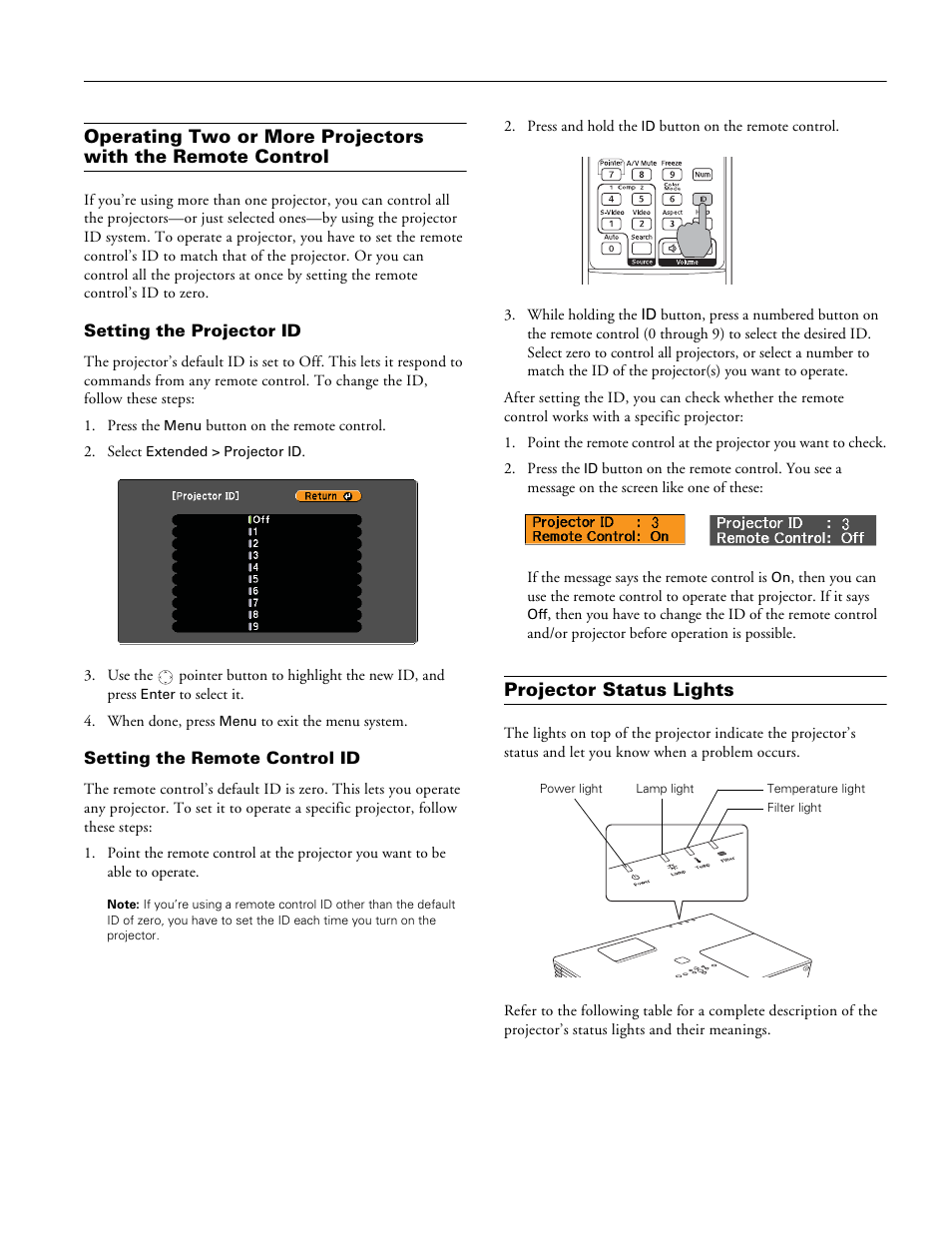 Setting the projector id, Setting the remote control id, Projector status lights | Epson 6110I User Manual | Page 9 / 16