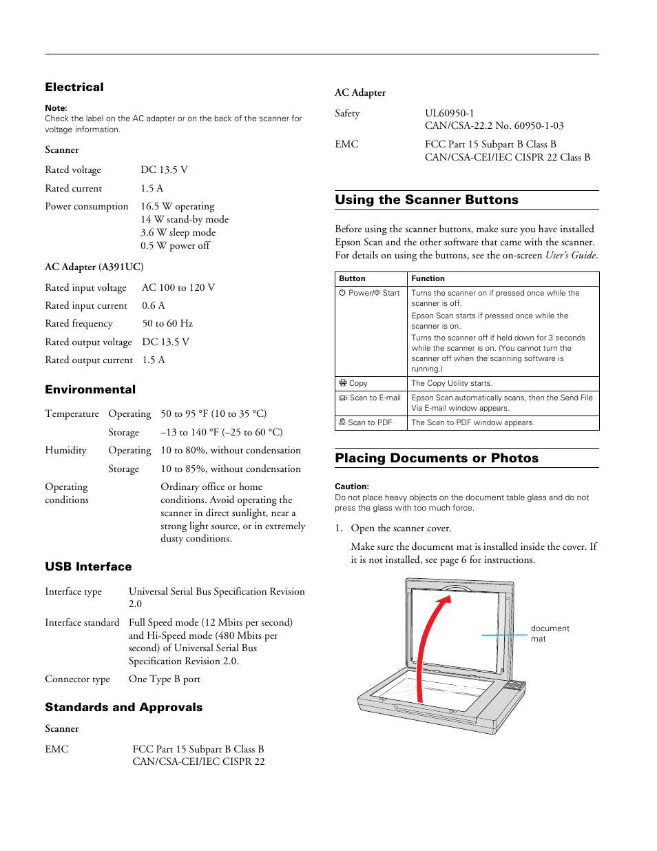 Using the scanner buttons, Placing documents or photos | Epson Perfection V200 Photo User Manual | Page 2 / 9