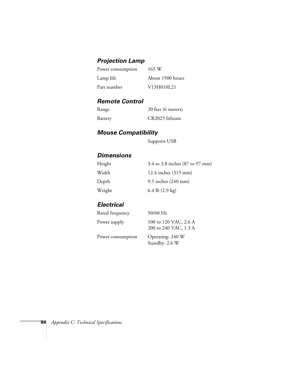 Projection lamp, Remote control, Mouse compatibility | Dimensions, Electrical | Epson 73c User Manual | Page 100 / 108