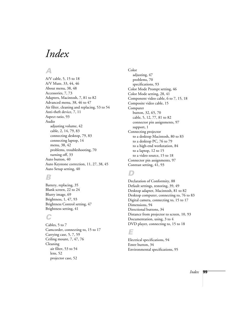 Index | Epson 73c User Manual | Page 105 / 108