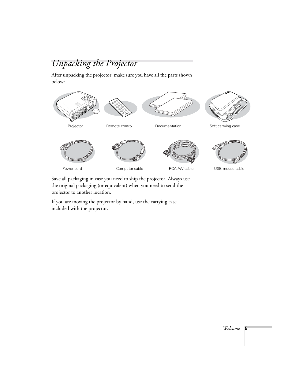 Unpacking the projector, Welcome | Epson 73c User Manual | Page 11 / 108