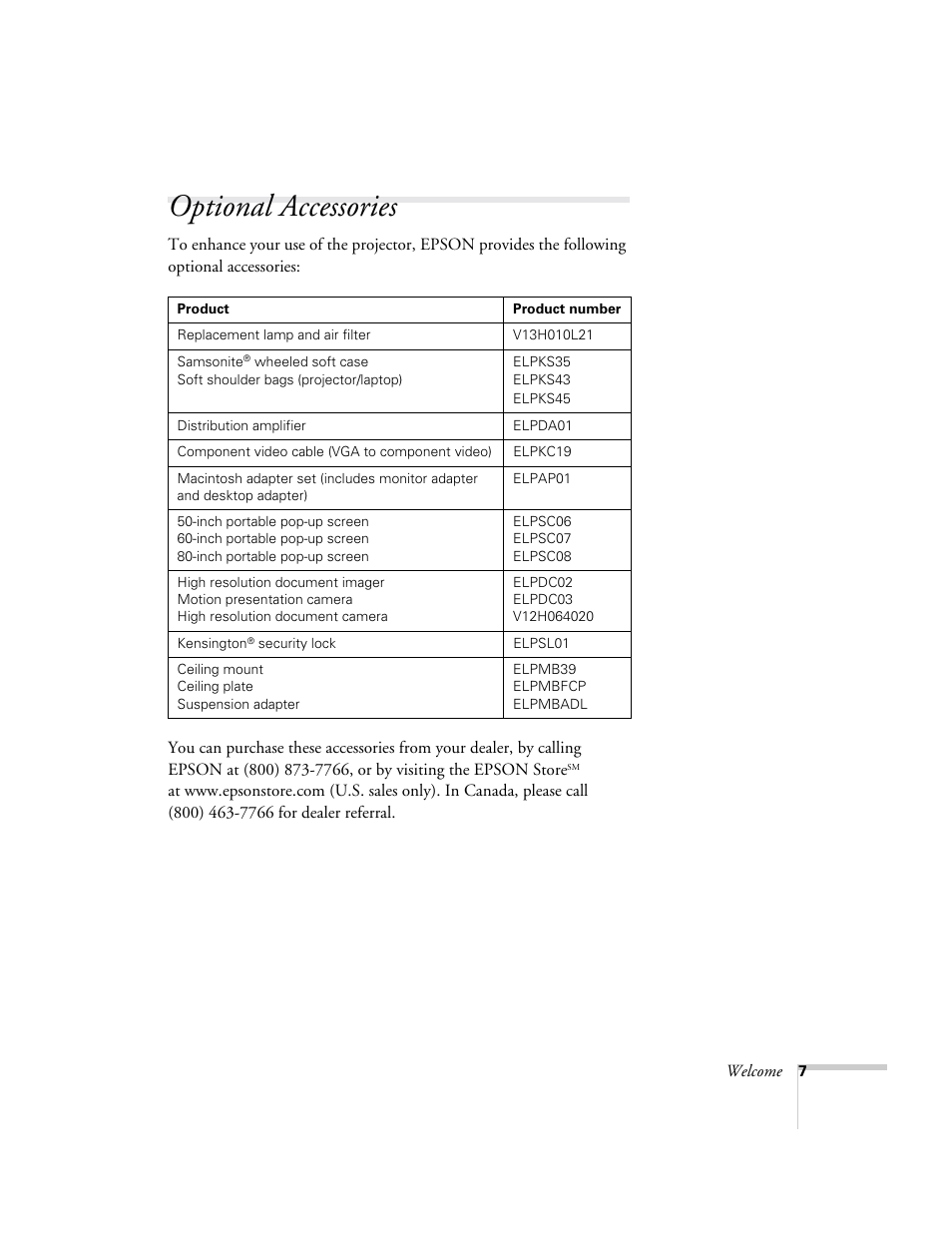 Optional accessories | Epson 73c User Manual | Page 13 / 108