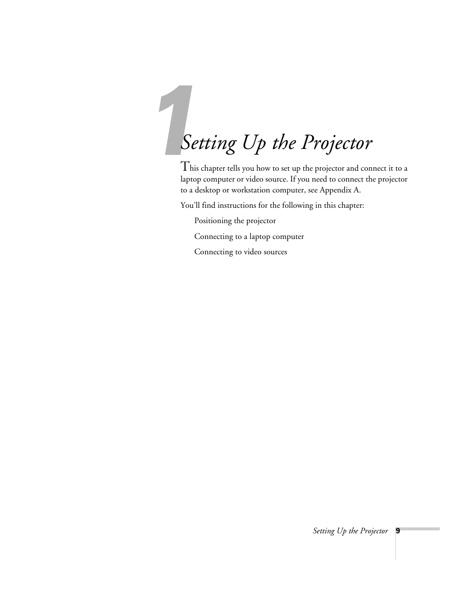 Chap 1-setting up the projector, Setting up the projector | Epson 73c User Manual | Page 15 / 108