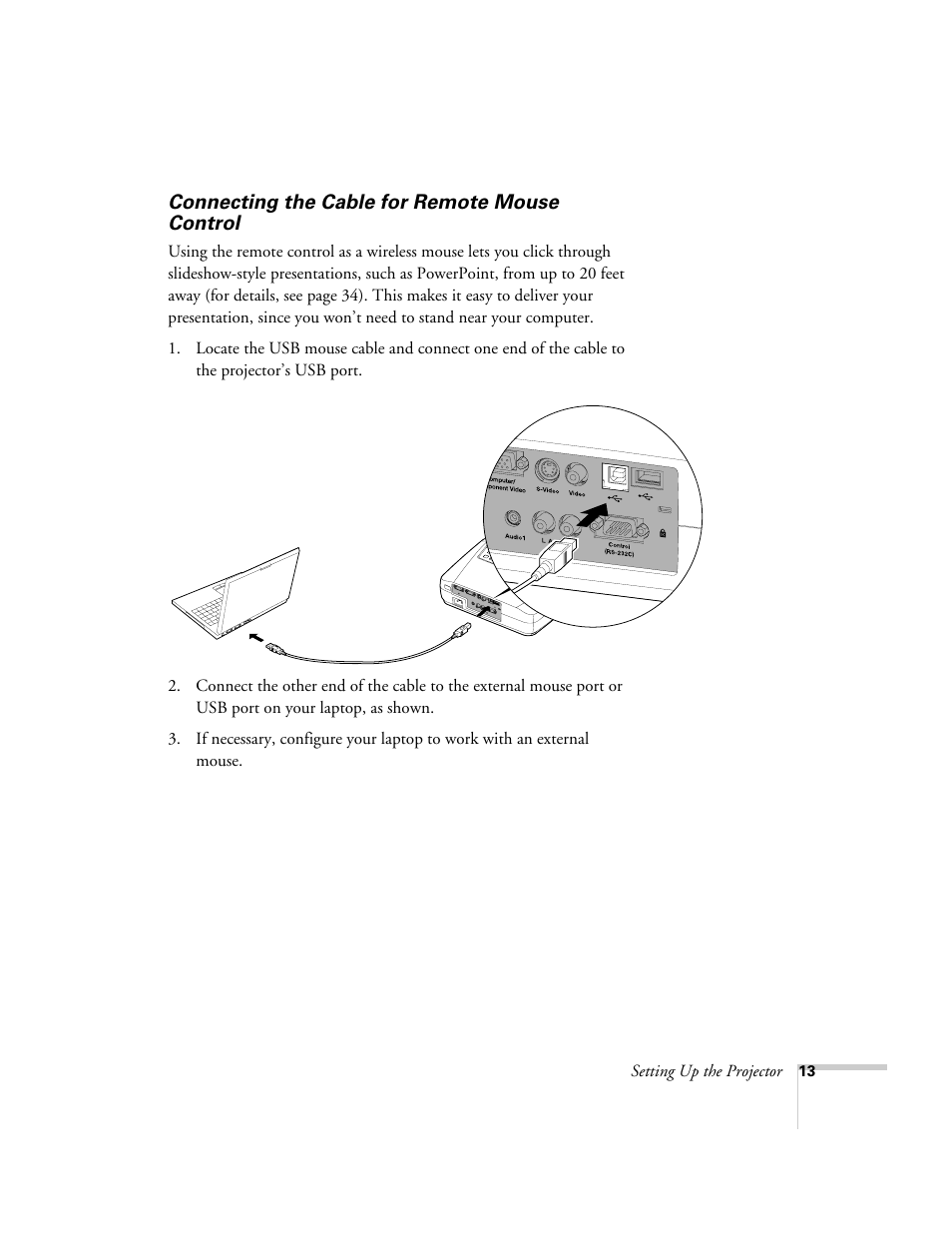 Connecting the cable for remote mouse control | Epson 73c User Manual | Page 19 / 108