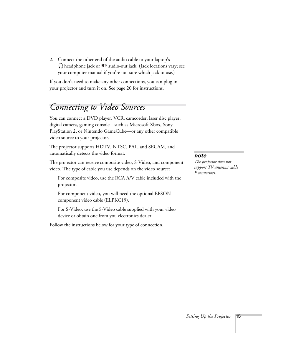 Connecting to video sources | Epson 73c User Manual | Page 21 / 108