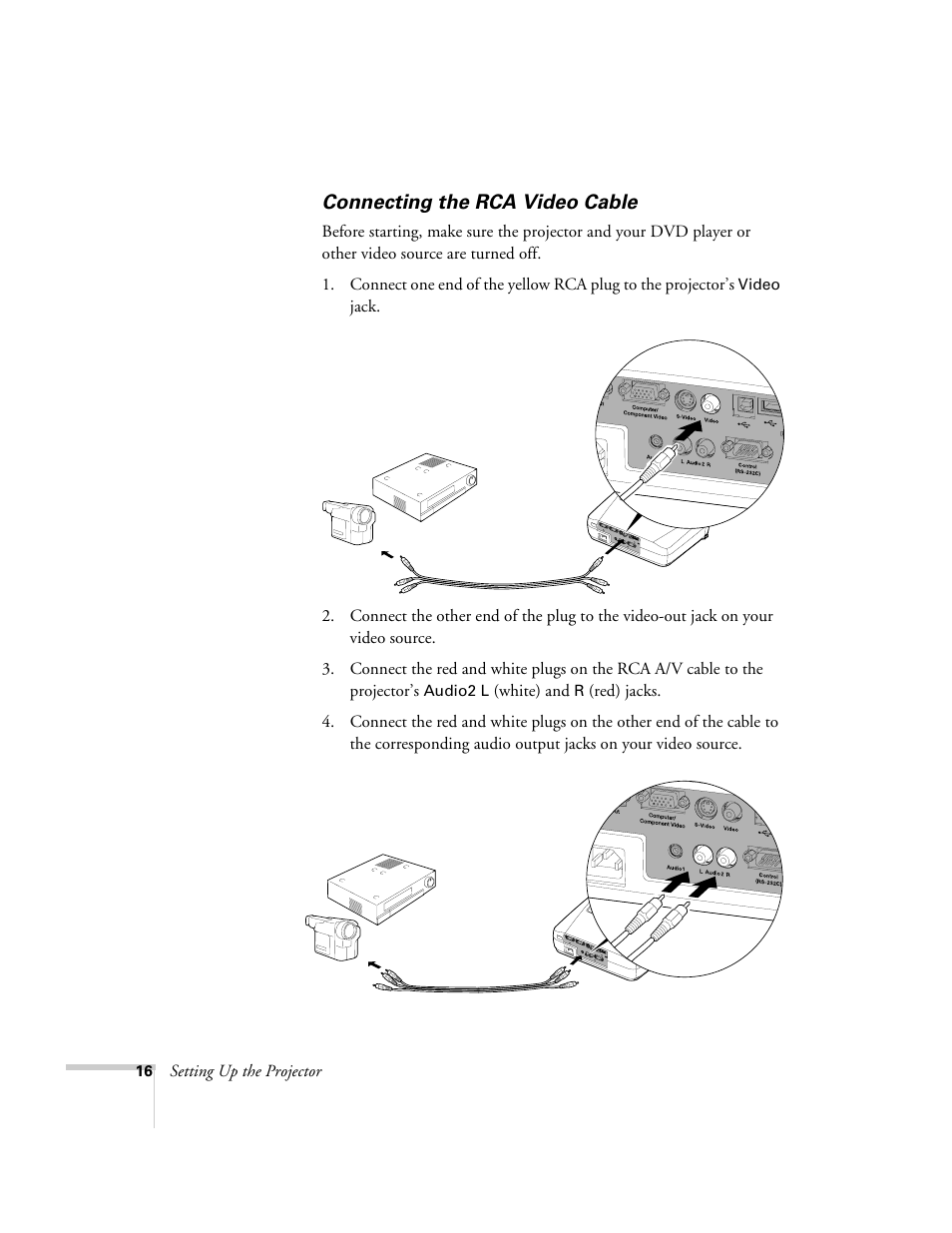 Connecting the rca video cable | Epson 73c User Manual | Page 22 / 108