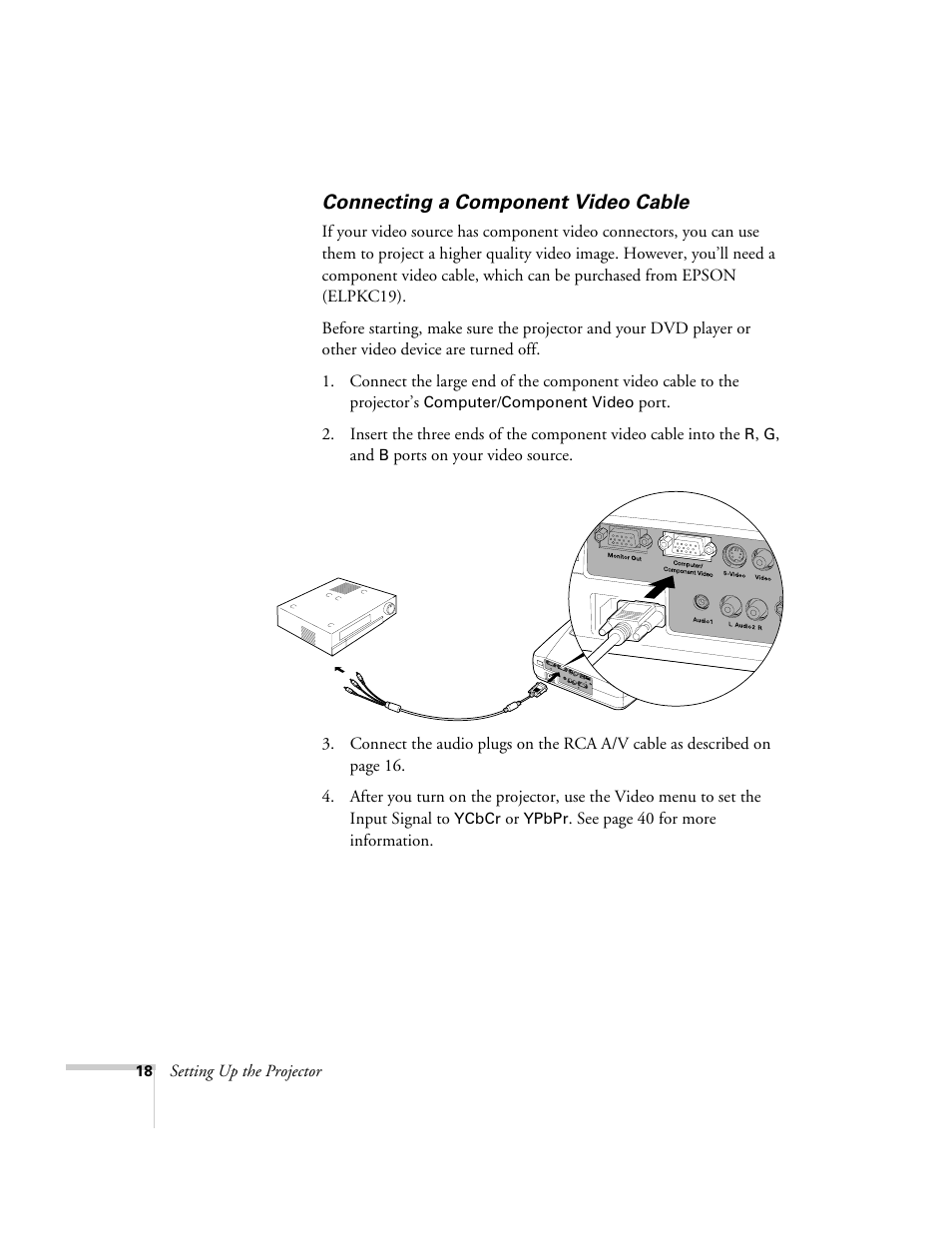 Connecting a component video cable | Epson 73c User Manual | Page 24 / 108