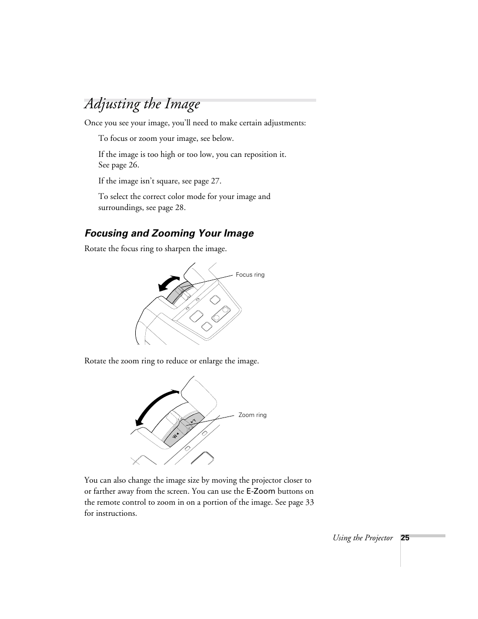 Adjusting the image, Focusing and zooming your image | Epson 73c User Manual | Page 31 / 108