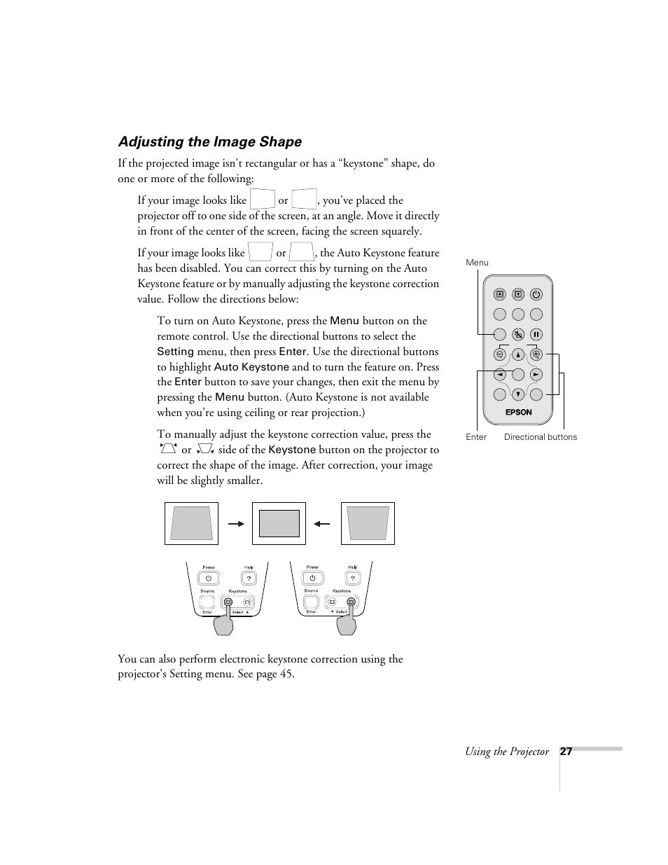 Adjusting the image shape | Epson 73c User Manual | Page 33 / 108