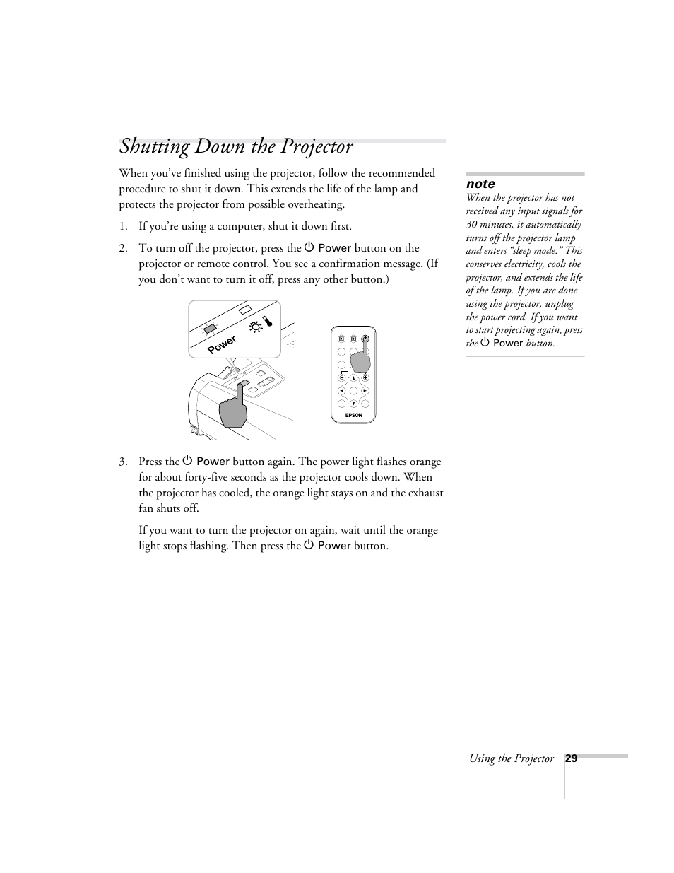 Shutting down the projector, Using the projector, Button | Epson 73c User Manual | Page 35 / 108