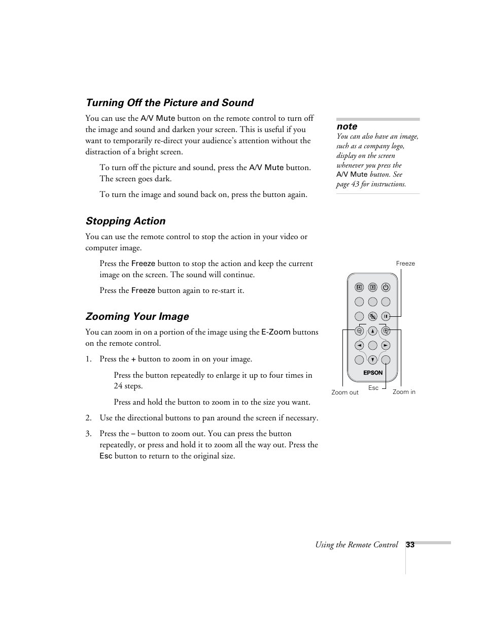 Turning off the picture and sound, Stopping action, Zooming your image | Epson 73c User Manual | Page 39 / 108