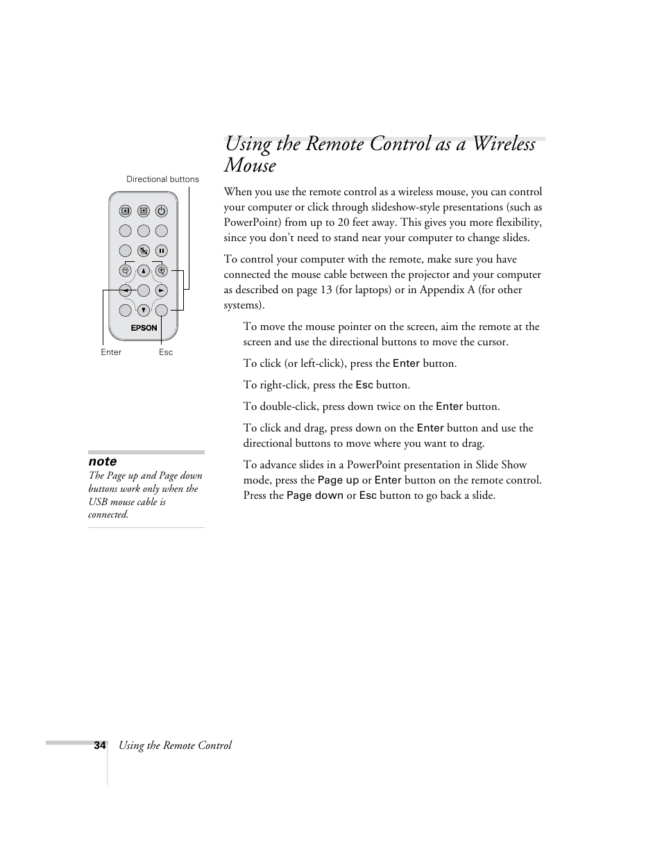 Using the remote control as a wireless mouse | Epson 73c User Manual | Page 40 / 108