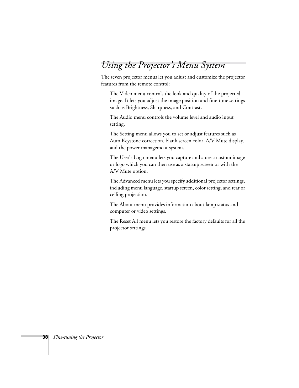 Using the projector’s menu system | Epson 73c User Manual | Page 44 / 108