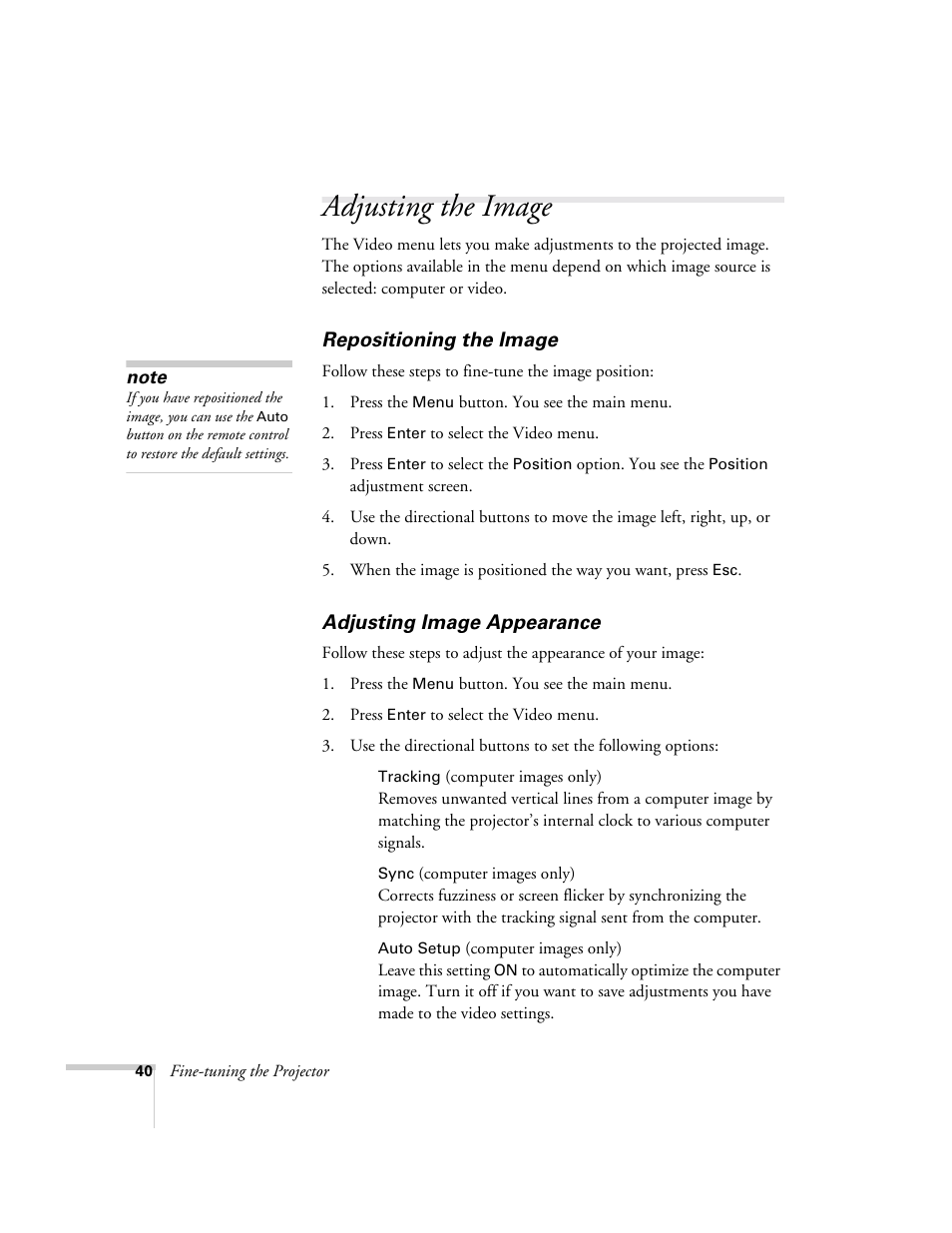 Adjusting the image, Repositioning the image, Adjusting image appearance | Repositioning the image adjusting image appearance | Epson 73c User Manual | Page 46 / 108