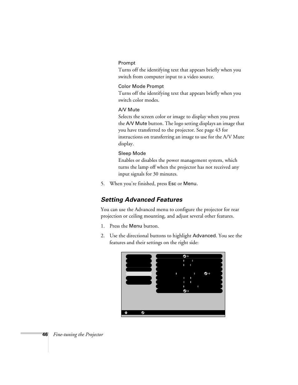 Setting advanced features, Fine-tuning the projector, Prompt | Color mode prompt, A/v mute, Sleep mode, Menu, Advanced | Epson 73c User Manual | Page 52 / 108