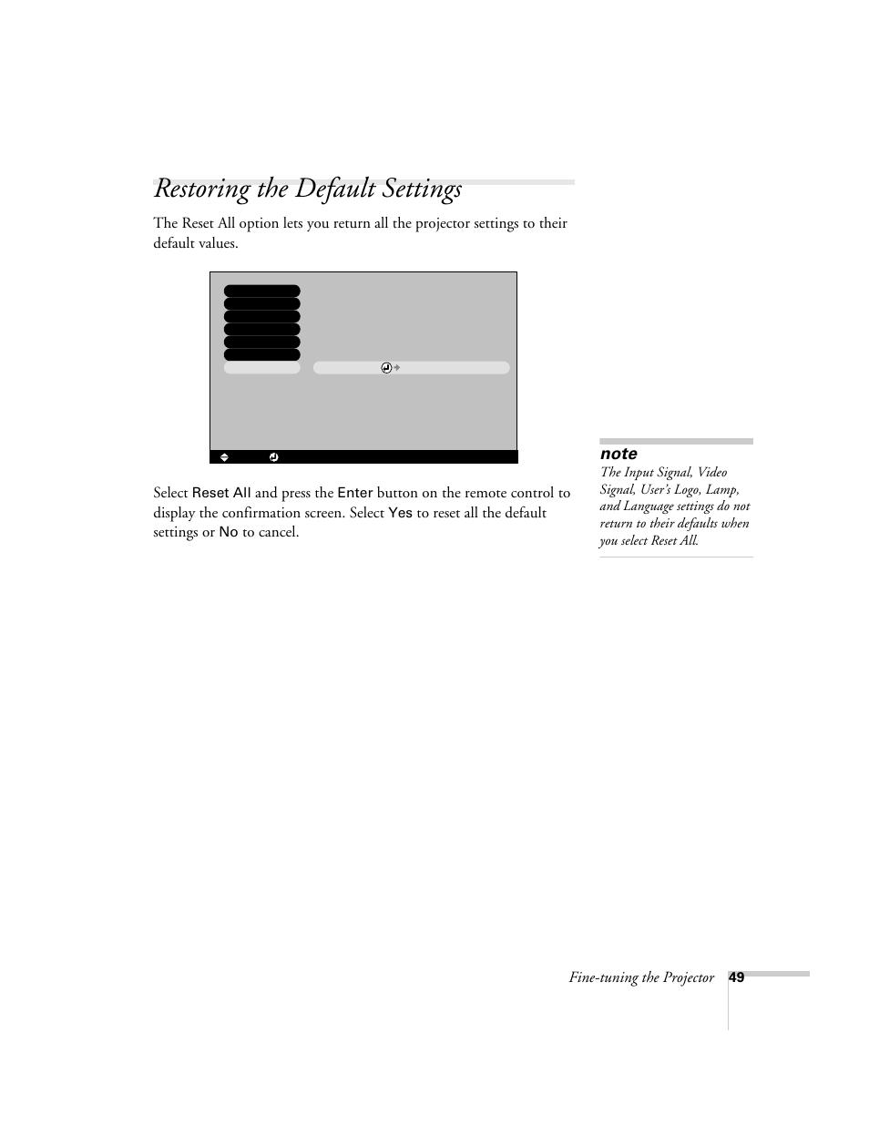 Restoring the default settings | Epson 73c User Manual | Page 55 / 108