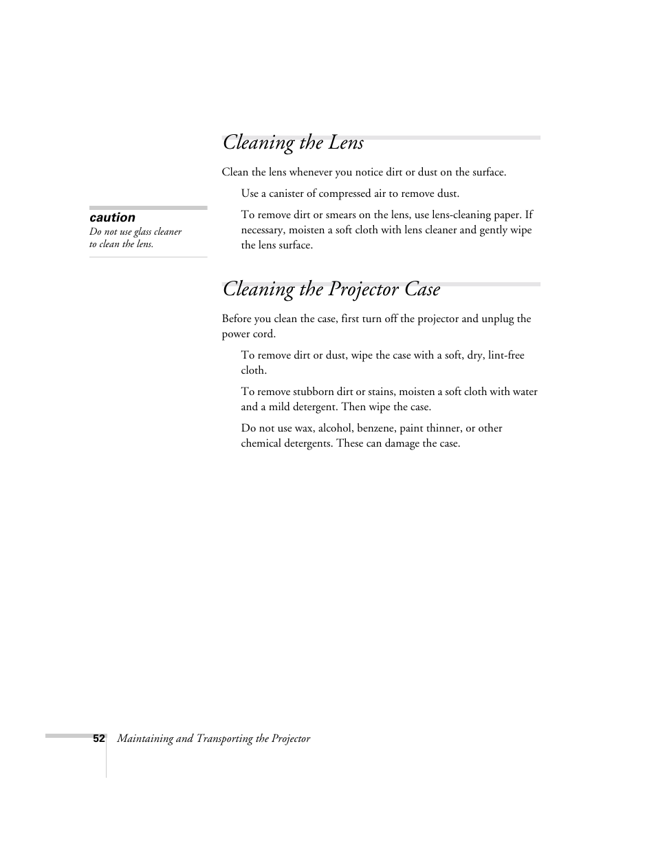 Cleaning the lens, Cleaning the projector case, Cleaning the lens cleaning the projector case | Epson 73c User Manual | Page 58 / 108