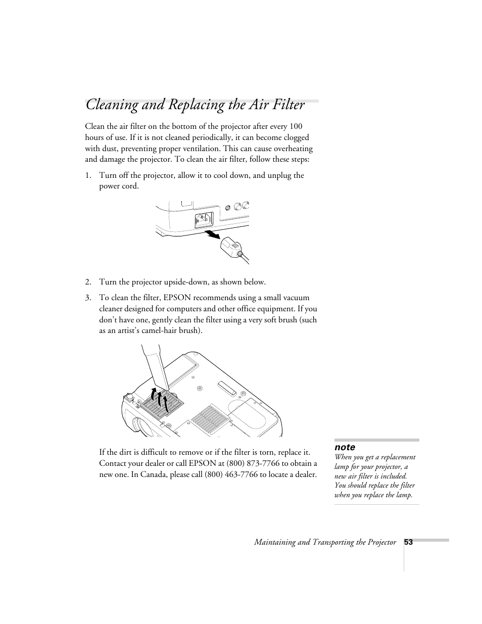 Cleaning and replacing the air filter | Epson 73c User Manual | Page 59 / 108