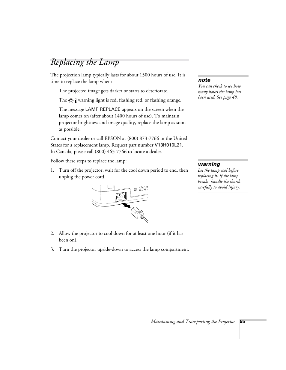 Replacing the lamp | Epson 73c User Manual | Page 61 / 108