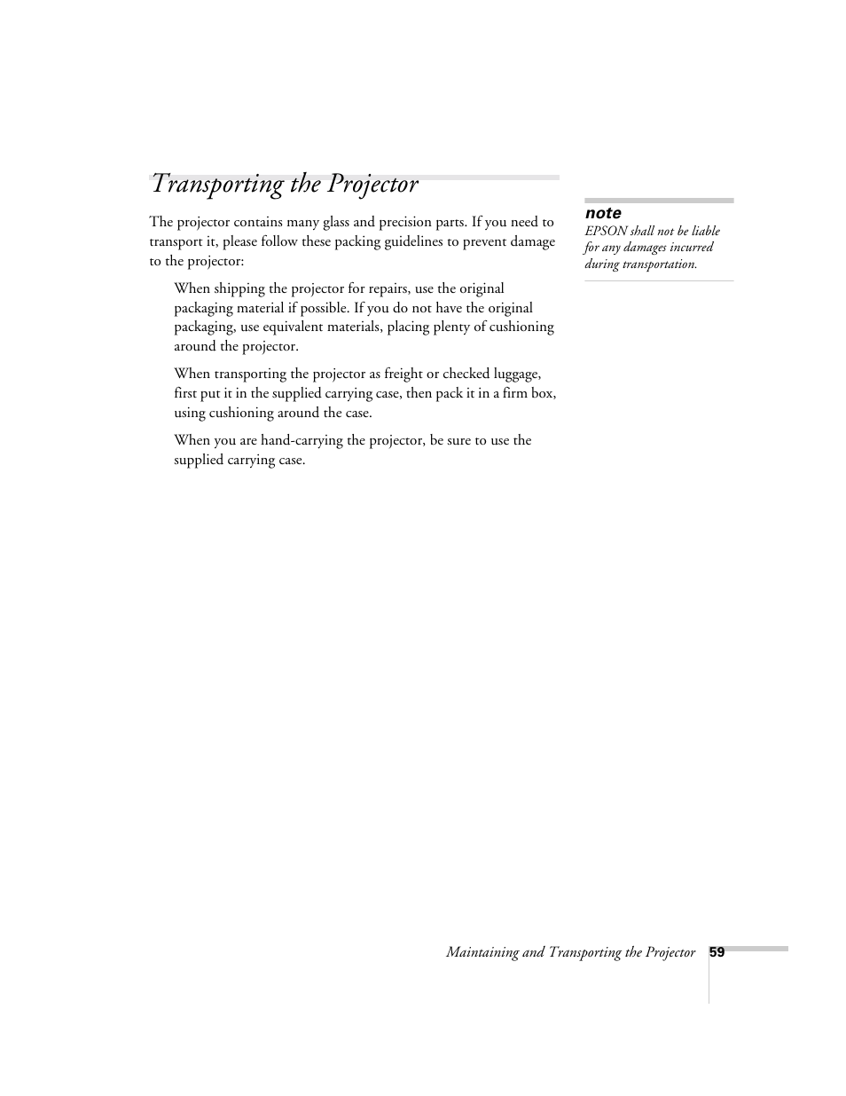 Transporting the projector | Epson 73c User Manual | Page 65 / 108