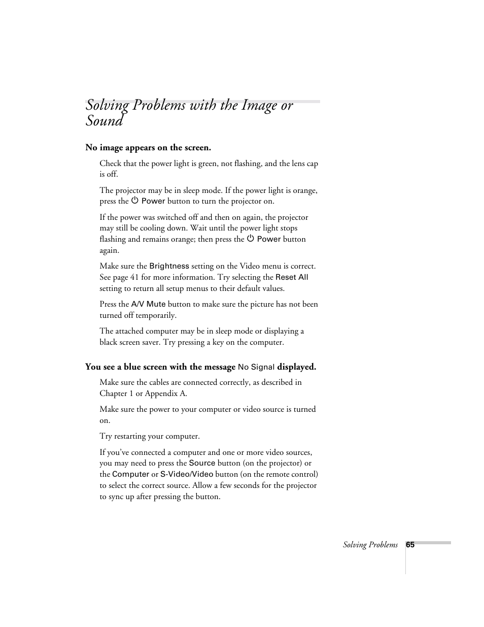 Solving problems with the image or sound | Epson 73c User Manual | Page 71 / 108