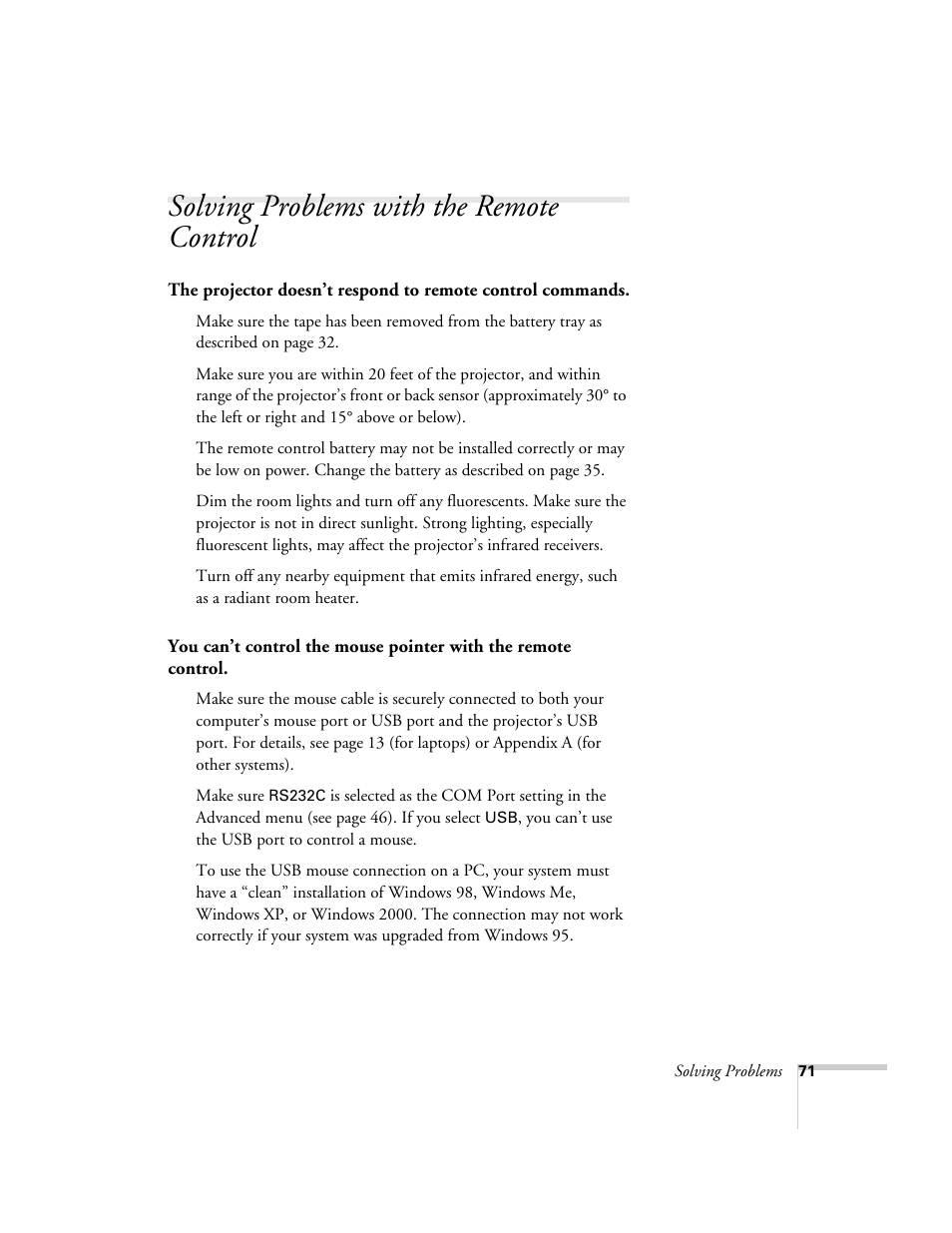 Solving problems with the remote control | Epson 73c User Manual | Page 77 / 108