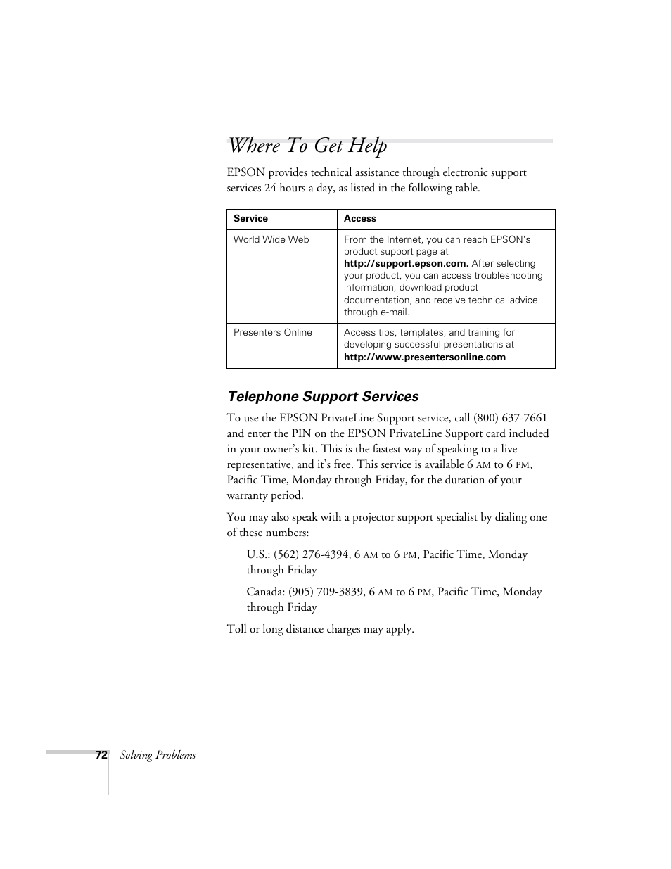 Where to get help, Telephone support services | Epson 73c User Manual | Page 78 / 108