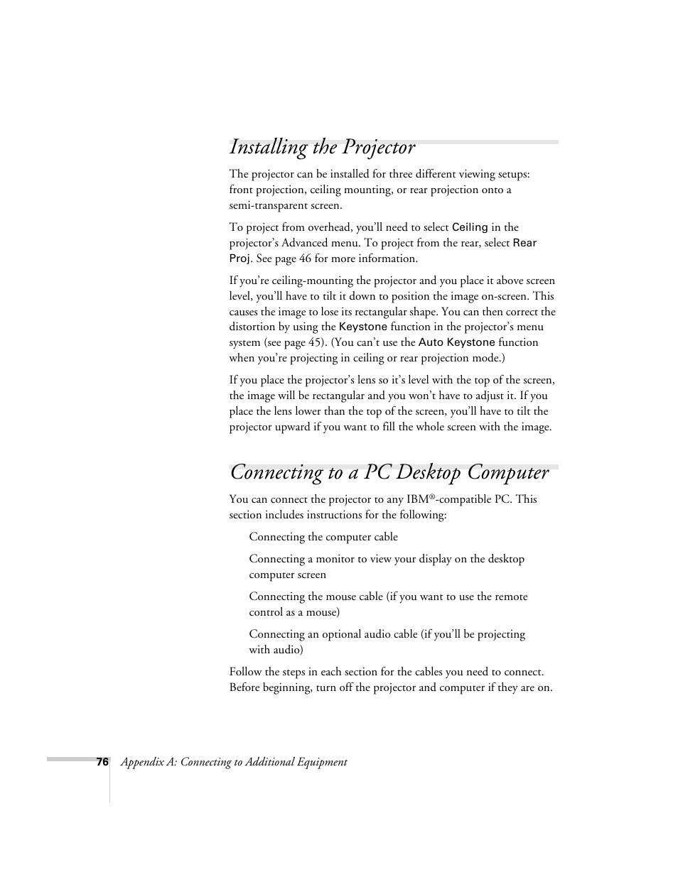 Installing the projector, Connecting to a pc desktop computer | Epson 73c User Manual | Page 82 / 108