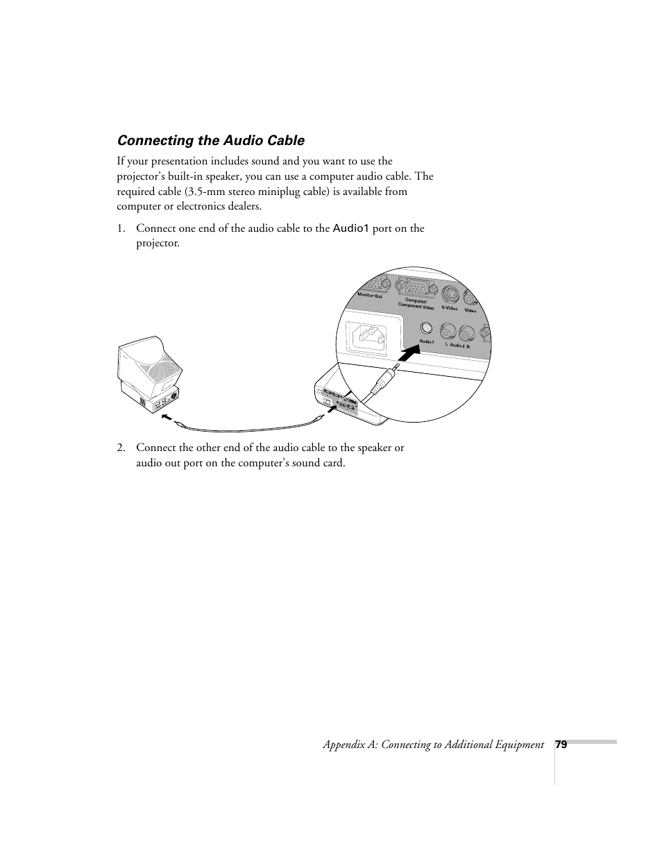 Connecting the audio cable | Epson 73c User Manual | Page 85 / 108