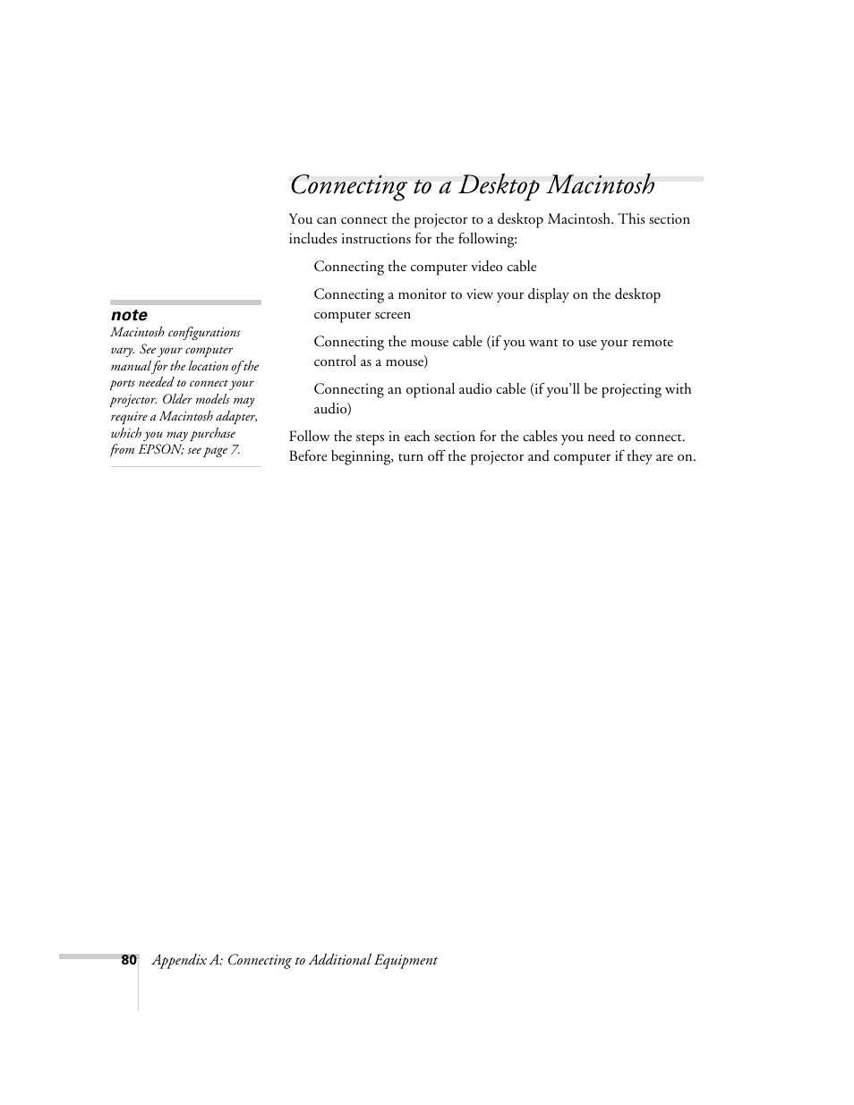 Connecting to a desktop macintosh | Epson 73c User Manual | Page 86 / 108