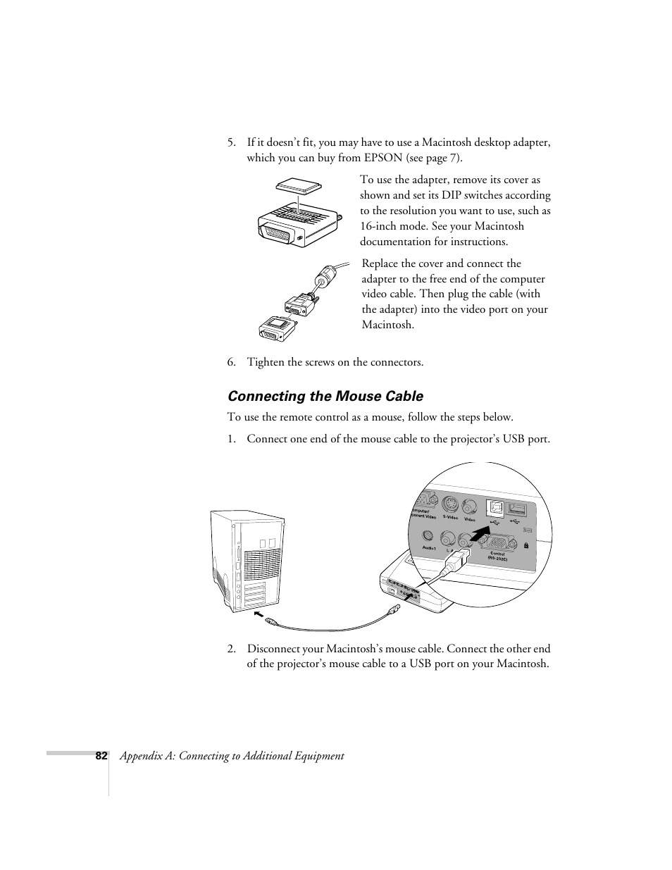 Connecting the mouse cable | Epson 73c User Manual | Page 88 / 108