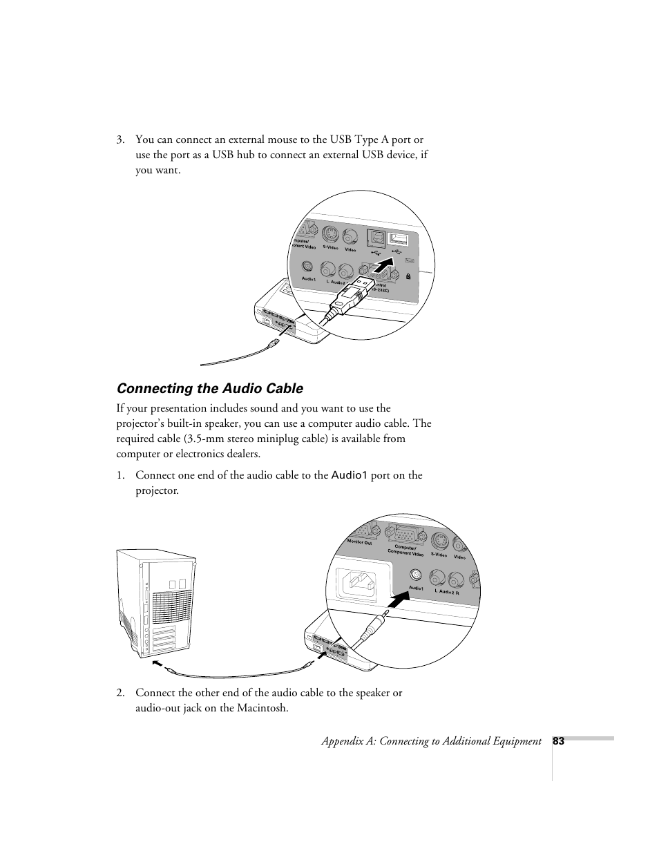 Connecting the audio cable | Epson 73c User Manual | Page 89 / 108