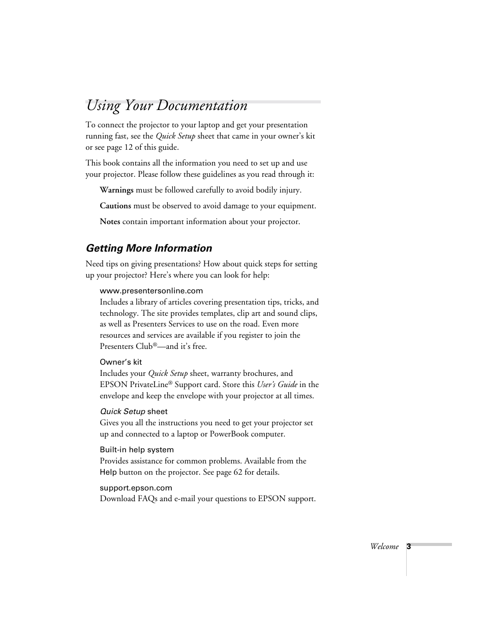 Using your documentation, Getting more information | Epson 73c User Manual | Page 9 / 108