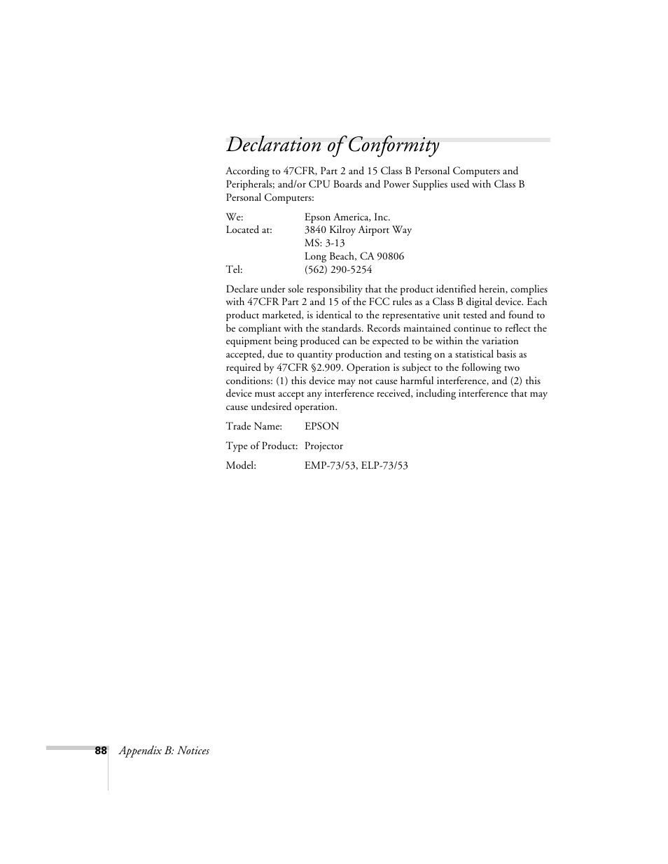 Declaration of conformity | Epson 73c User Manual | Page 94 / 108