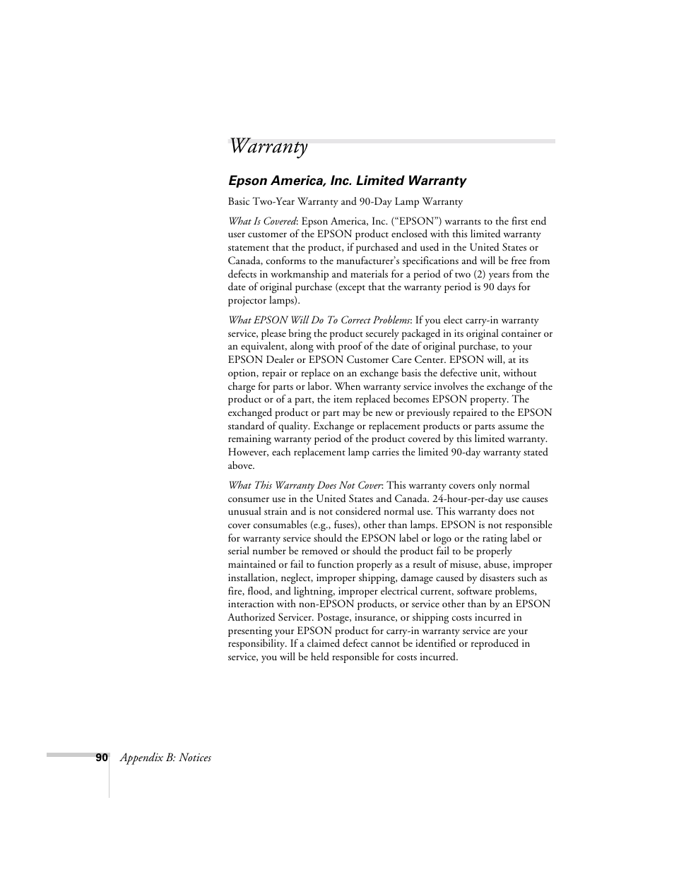 Warranty | Epson 73c User Manual | Page 96 / 108