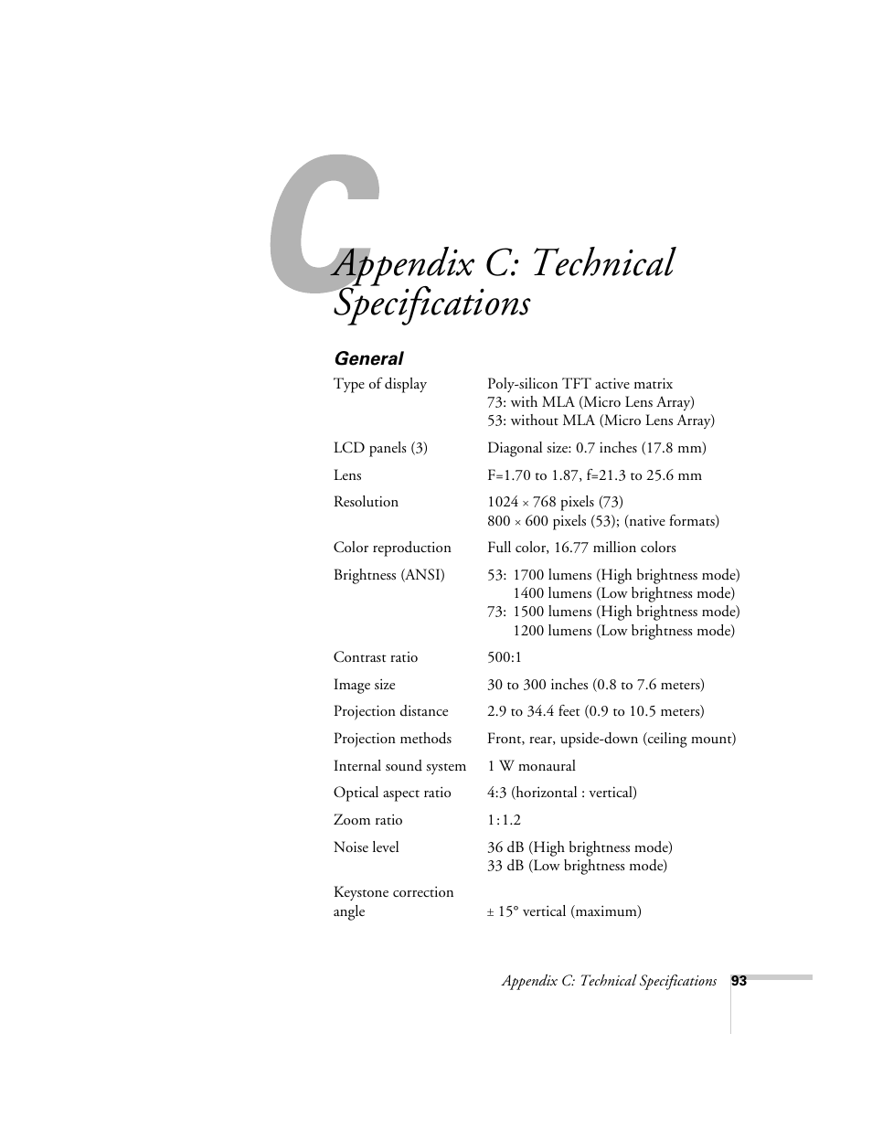 Appendix c-technical specifications, General, Appendix c: technical specifications | Epson 73c User Manual | Page 99 / 108