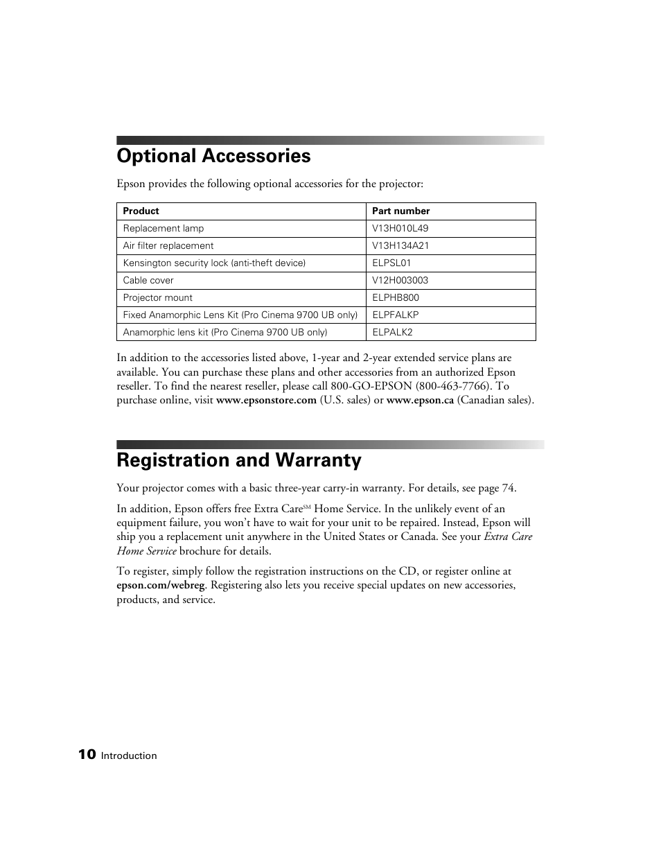 Optional accessories, Registration and warranty | Epson 9700 User Manual | Page 10 / 80