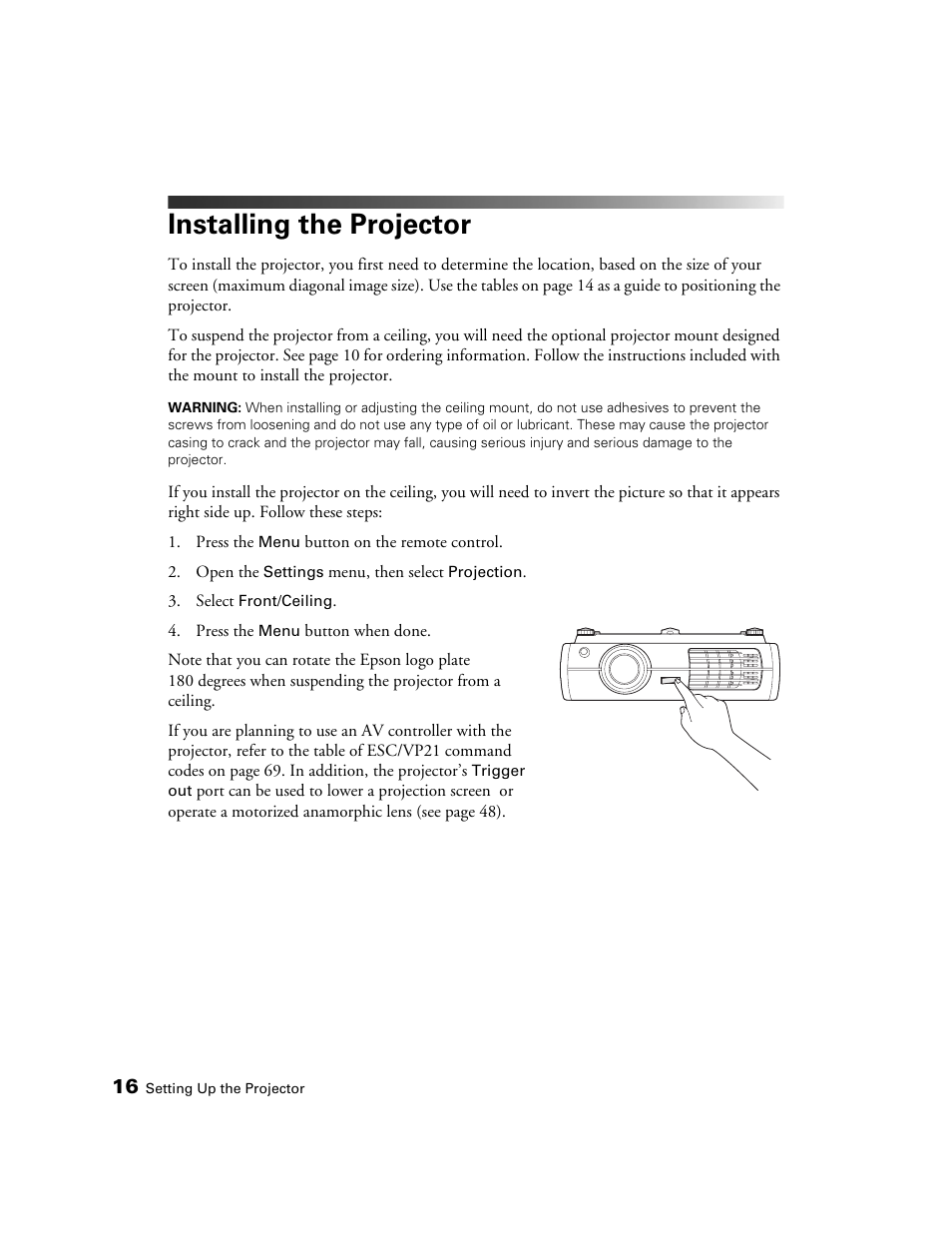 Installing the projector | Epson 9700 User Manual | Page 16 / 80