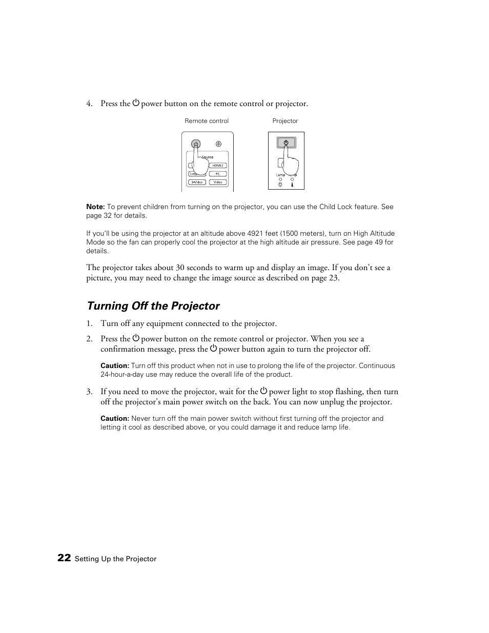 Turning off the projector | Epson 9700 User Manual | Page 22 / 80