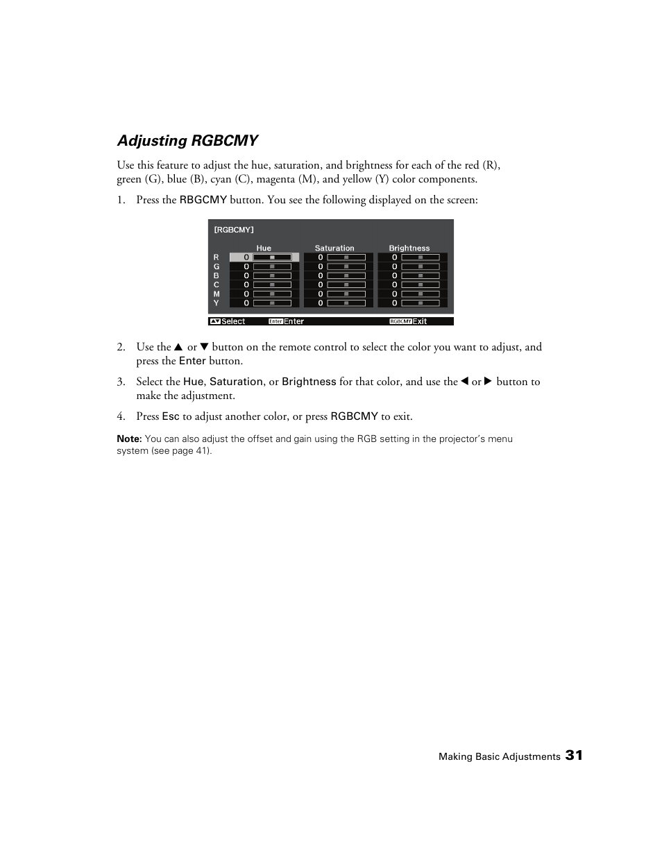 Adjusting rgbcmy | Epson 9700 User Manual | Page 31 / 80