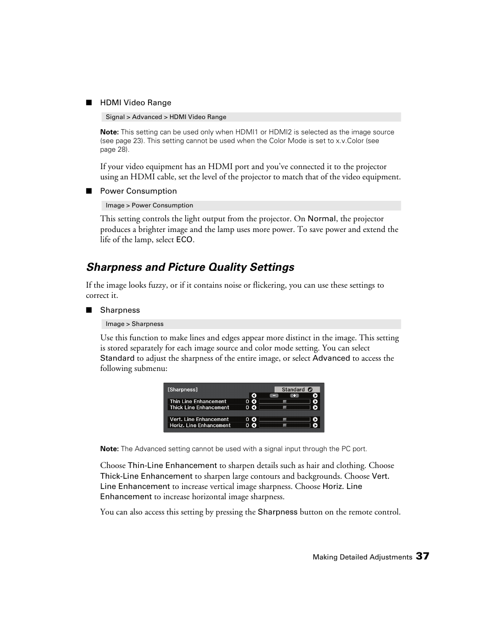 Sharpness and picture quality settings | Epson 9700 User Manual | Page 37 / 80